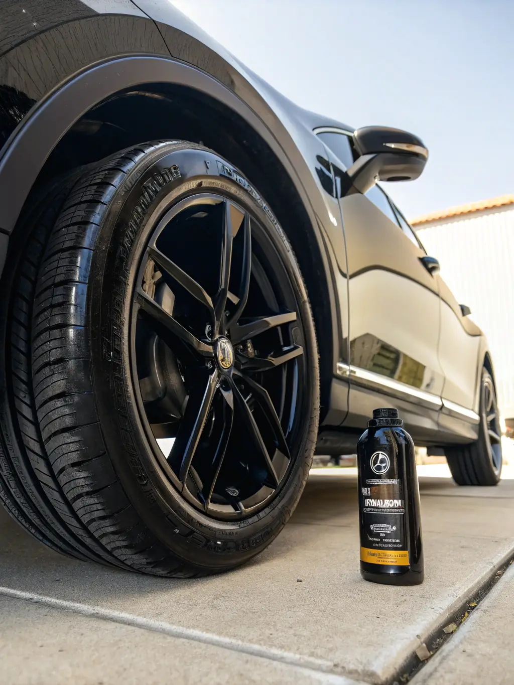A professionally lit photo of a bottle of 'Tire Shine' product, with a glossy, black tire in the background. The tire is clean and shiny, highlighting the product's effect.