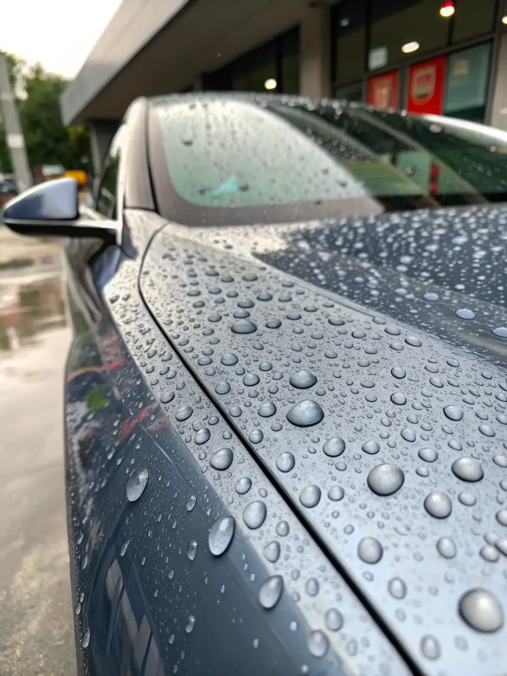 A clear, professional shot of a bottle of 'Glass Water Repellent' being sprayed onto a car windshield. Water beads are clearly visible on the treated side, showing the product's hydrophobic properties.
